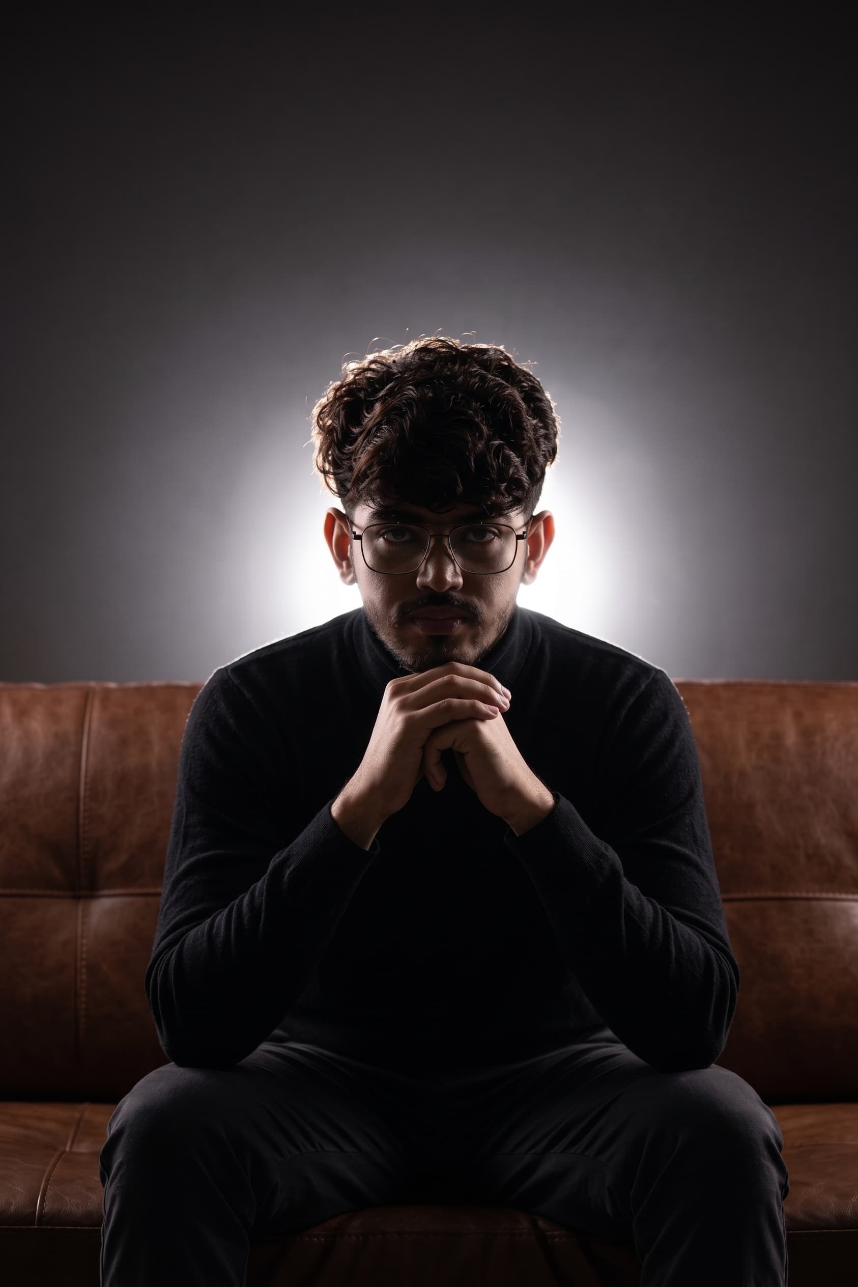 Danish Ahmad sitting, hands clasped — how the work actually looks.